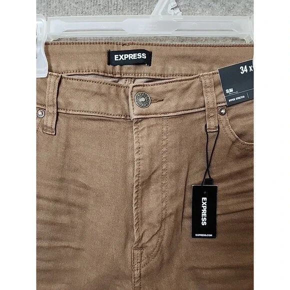 Express Rocco Slim Jeans Mens 34x34 Brown Hyper Stretch NEW